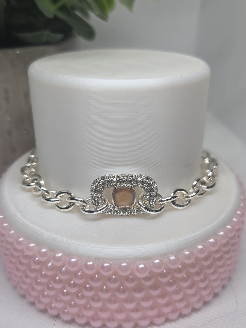 BP Rose Quartz CZ Silver Link Bracelet